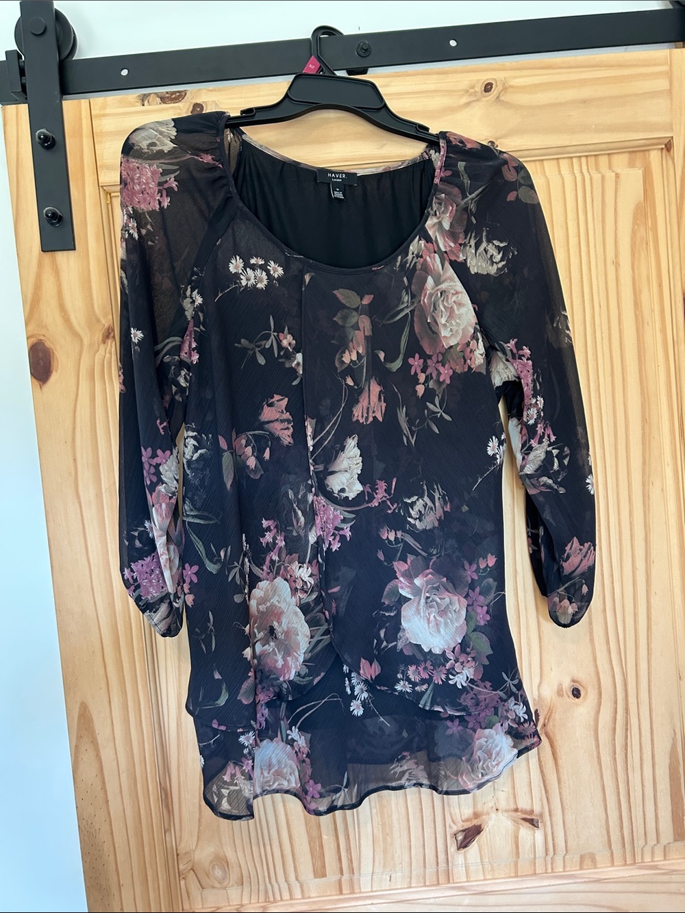 Black Floral Sheer Scoop Neck Blouse by RAVE